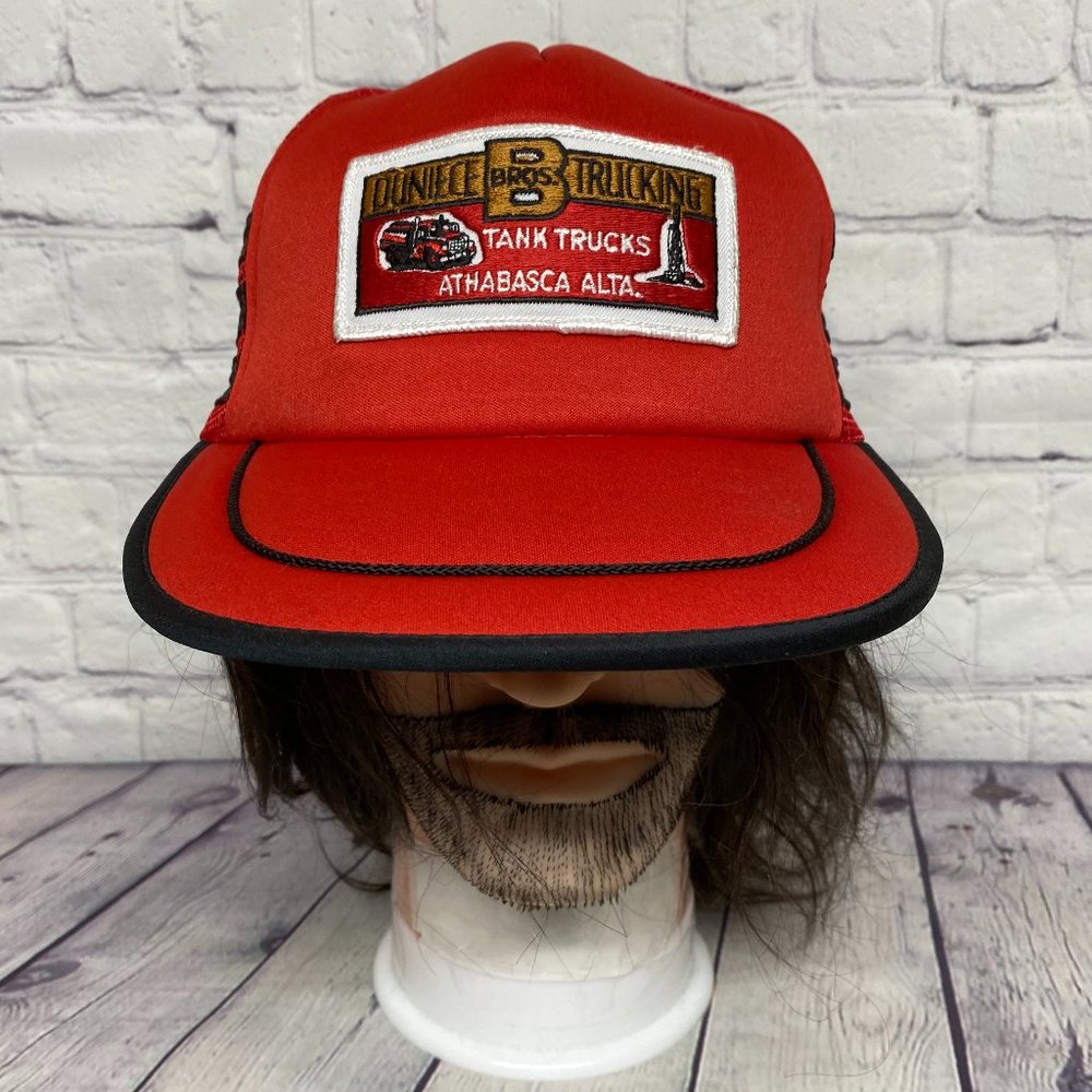 Vintage Trucker hat Mesh Cap Snapback Red Black Stripes DUNIECE Bros. Trucking
